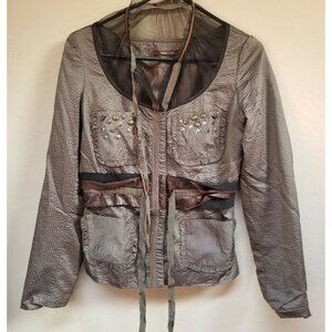 Hazel Womens Crinkle Blouse/Jacket Medium Tie Waist Lace Neck Pockets Brown